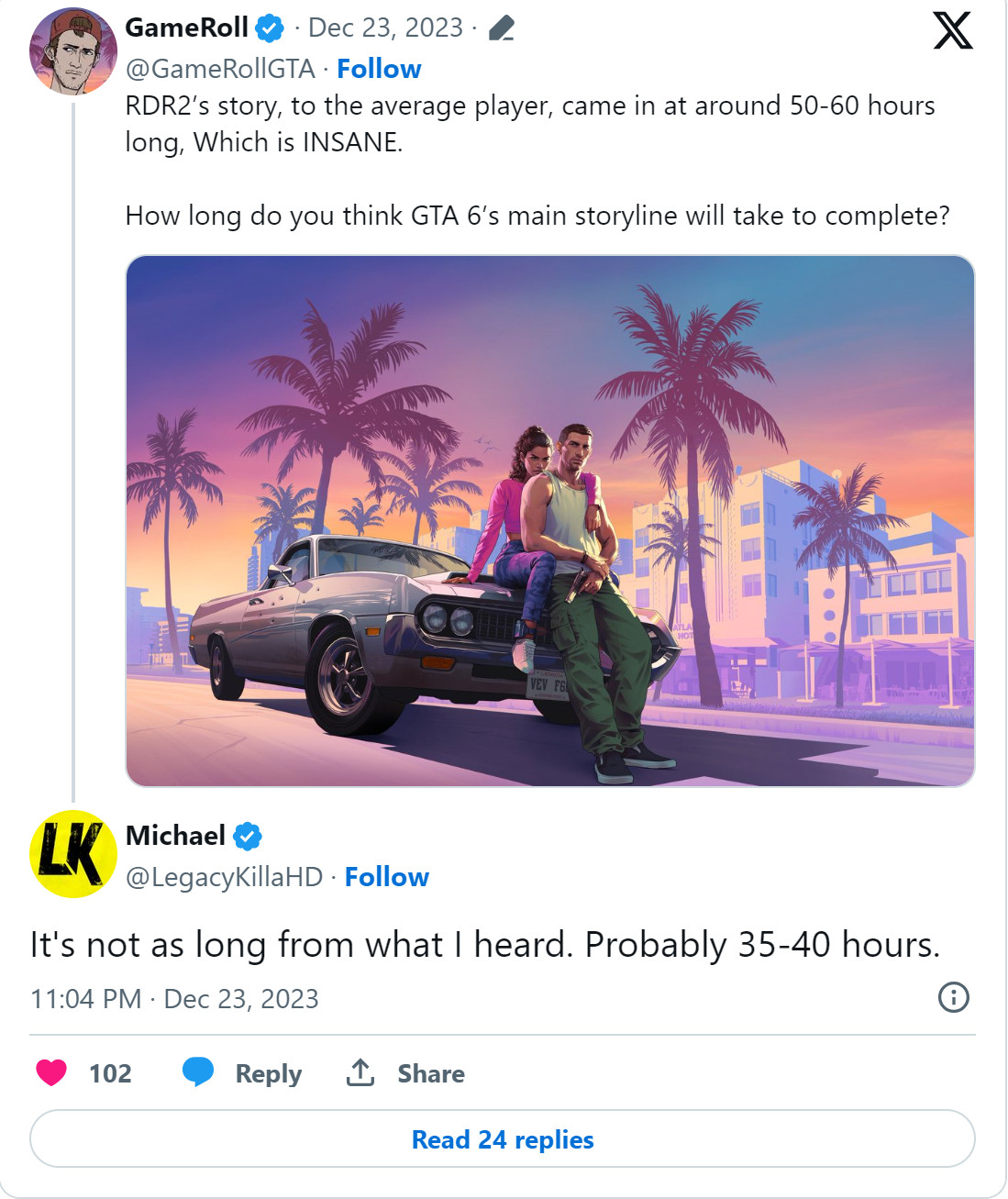 《GTA6》的主线剧情预计35-40个小时 《GTA6》的主线剧情预计35-40个小时